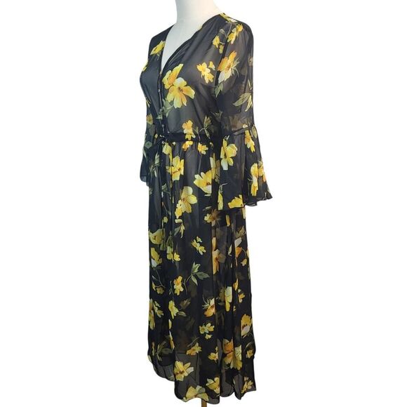NEW POL Small Sheer Midi Maxi Dress Lingerie Cover-Up Black Yellow Floral Print - Picture 6 of 16